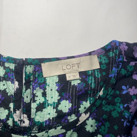 Loft Floral Purple Aqua Black Balloon Sleeve Smocked Womens M Blouse Office EUC - Picture 3 of 7